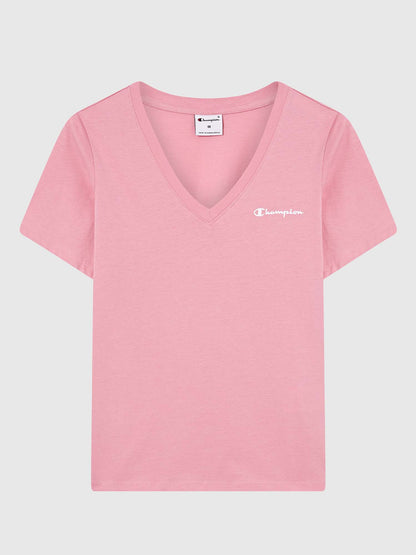 T-shirt donna Champion con scollo a V rosa in stile slim