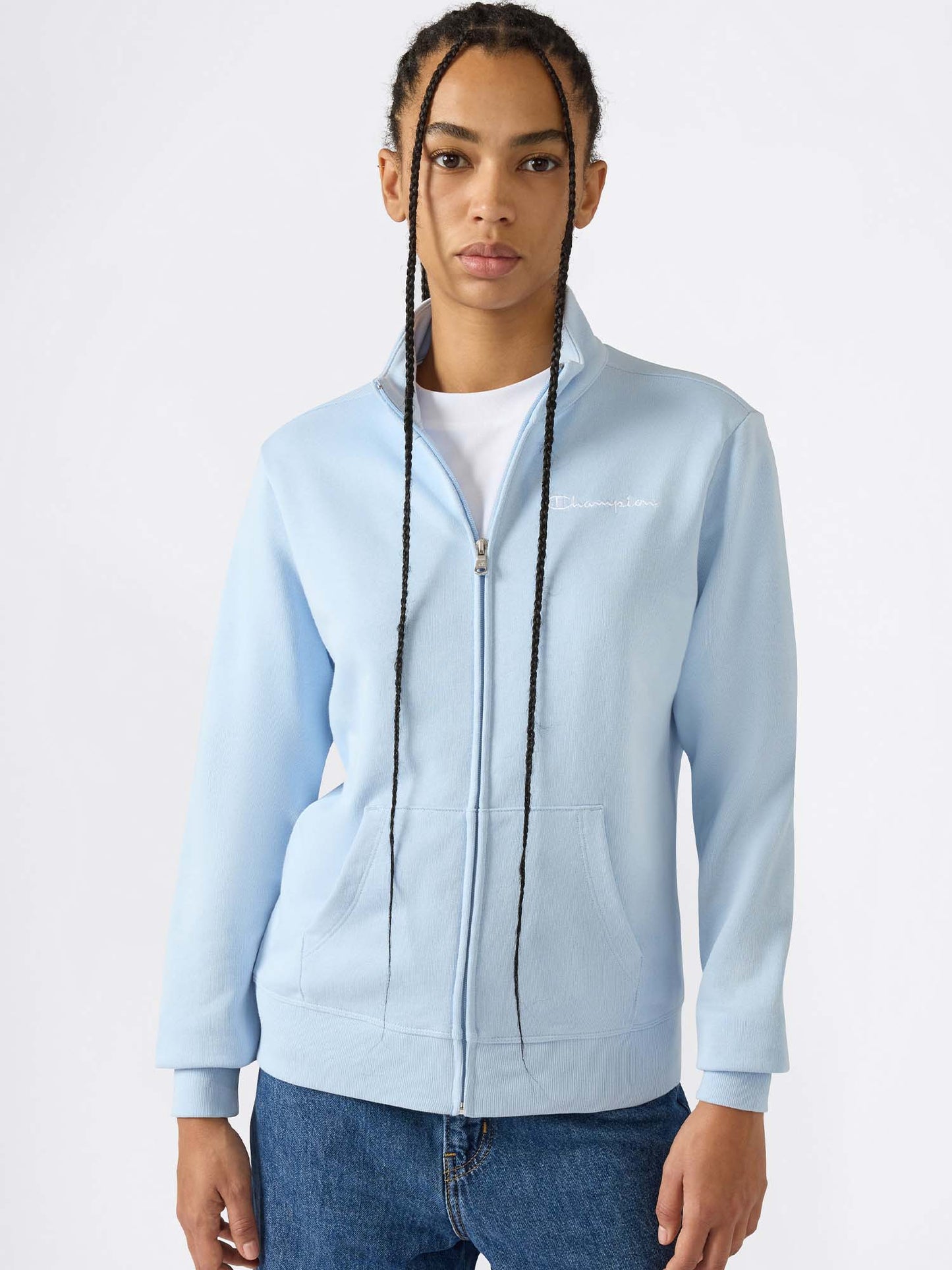 Felpa leggera donna Champion azzurra con zip e logo contrastante