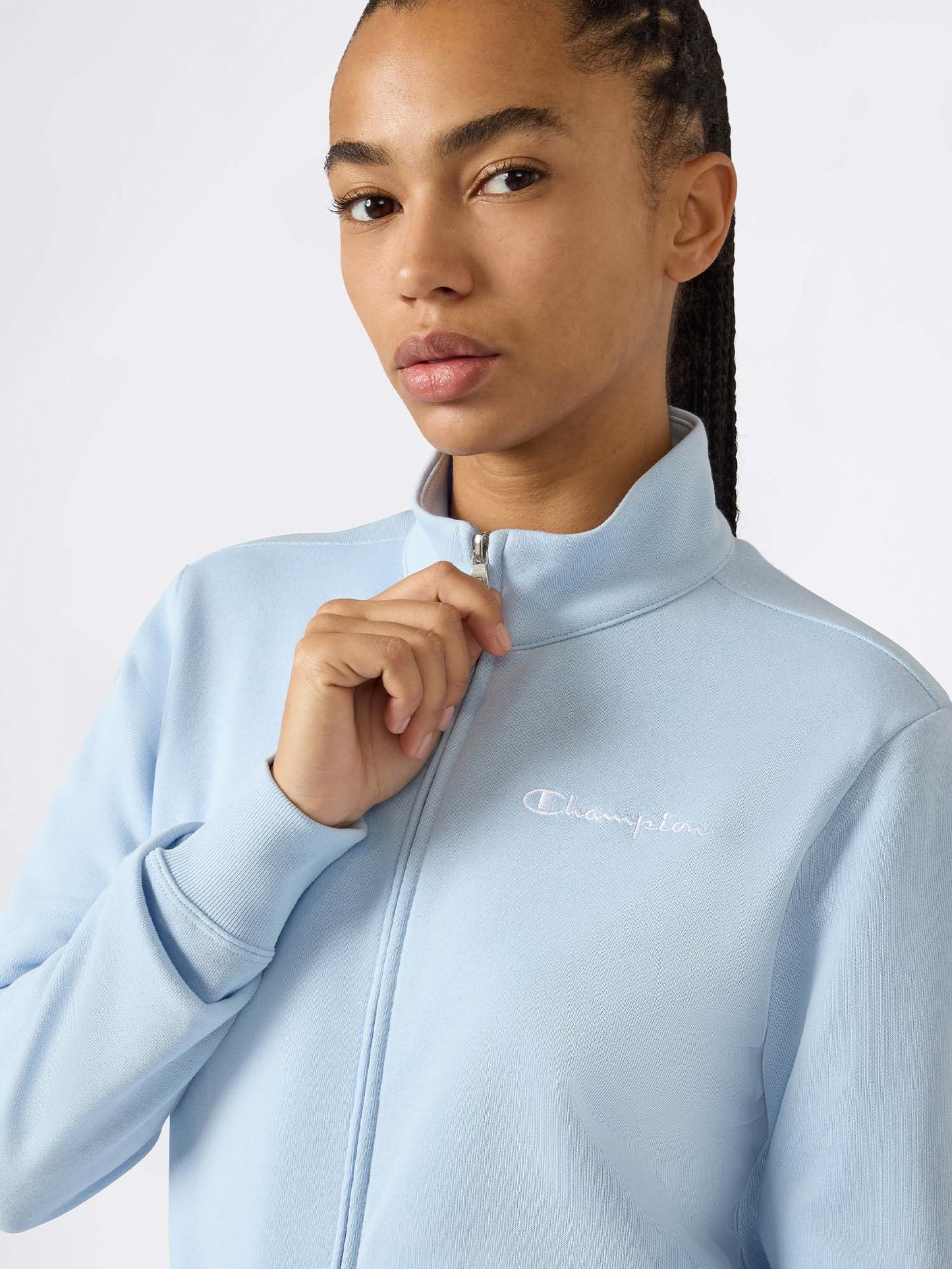 Felpa leggera donna Champion azzurra con zip e logo contrastante