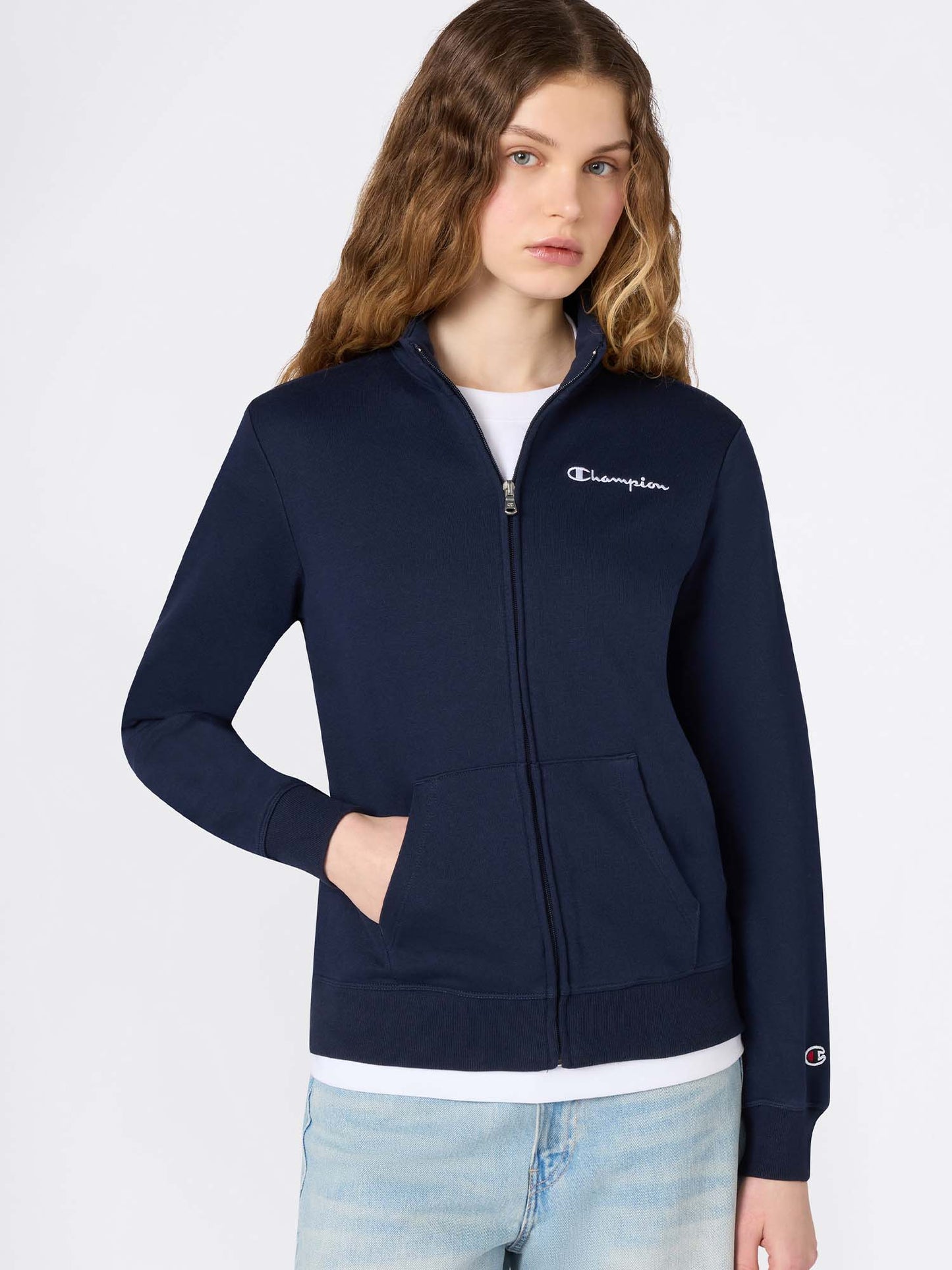 Felpa donna Champion blu con zip e logo ricamato