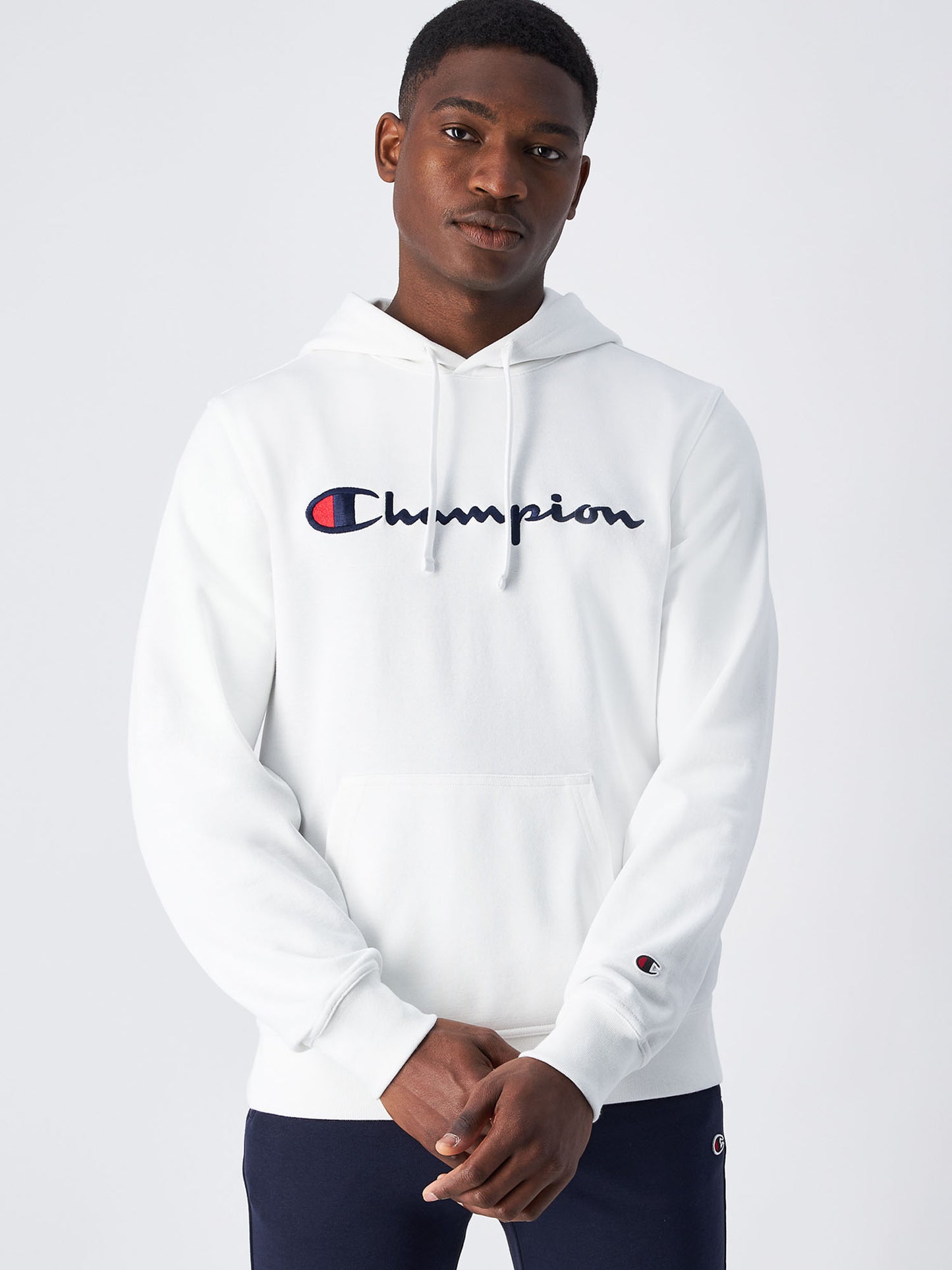 FELPA CON CAPPUCCIO CON LOGO RICAMATO CHAMPION UOMO BIANCO