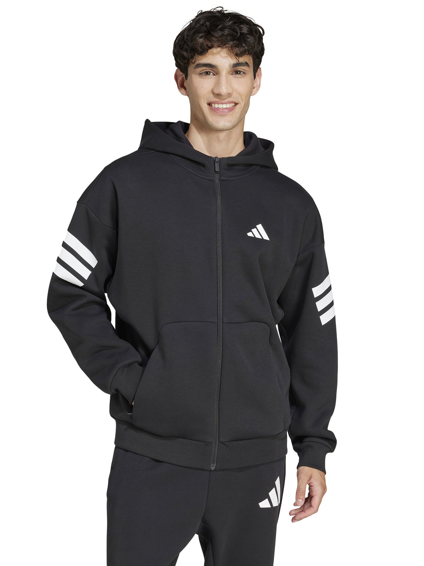 Felpa Adidas 3-Stripes nera da uomo con cappuccio e zip