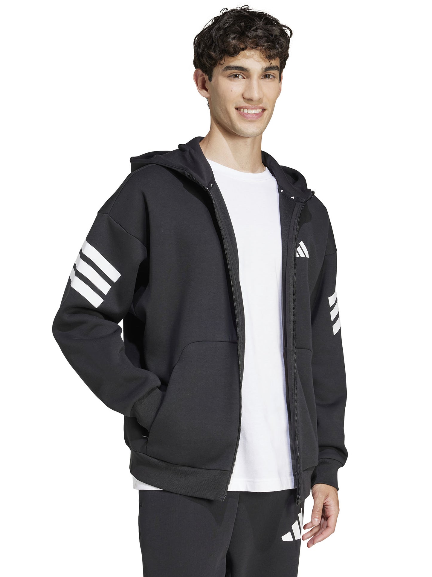 Felpa Adidas 3-Stripes nera da uomo con cappuccio e zip