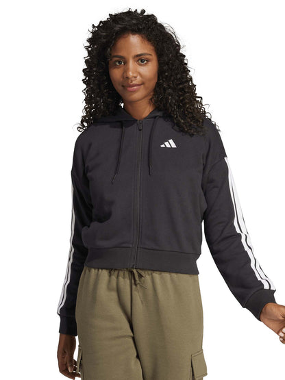 Felpa Essentials 3-Stripes nera con cappuccio da donna Adidas