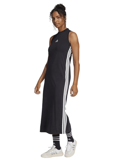 Vestito lungo nero Essentials 3-Stripes da donna con girocollo