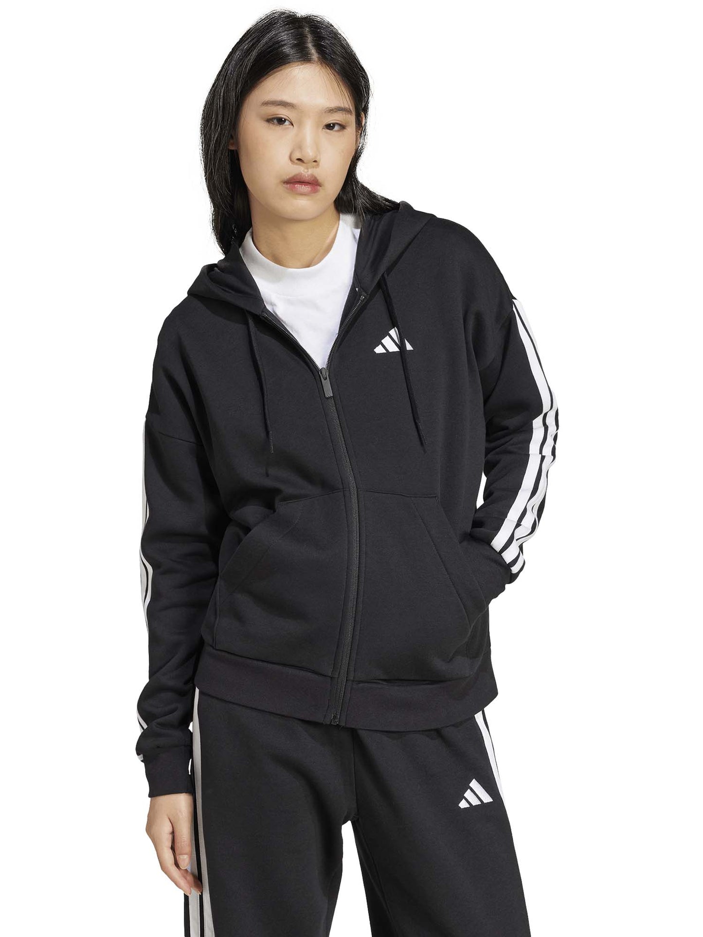FELPA CON CAPPUCCIO E FULL ZIP ESSENTIALS 3 STRIPES ADIDAS DA DONNA NERO
