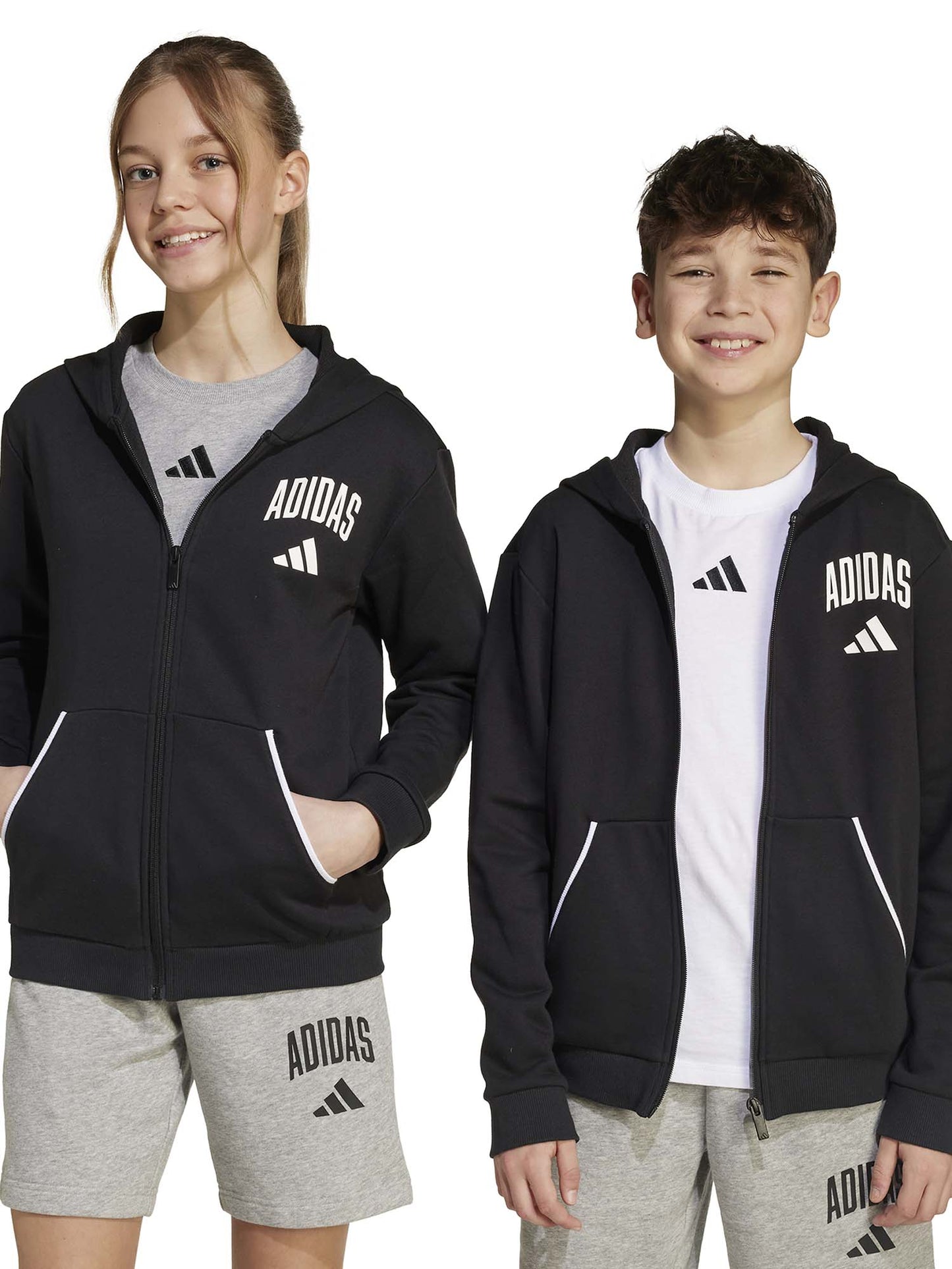 FELPA CON CAPPUCCIO E ZIP GRAFICA COLLEGIALE ADIDAS BAMBINI NERO