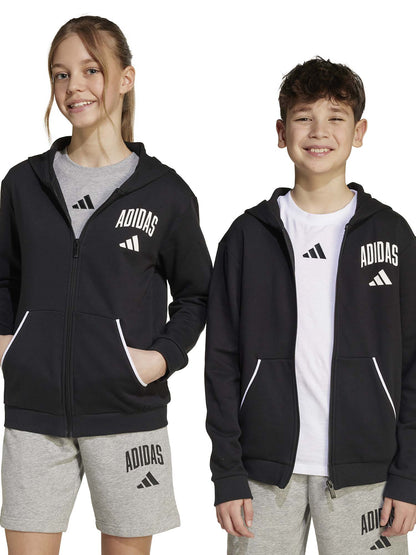 FELPA CON CAPPUCCIO E ZIP GRAFICA COLLEGIALE ADIDAS BAMBINI NERO