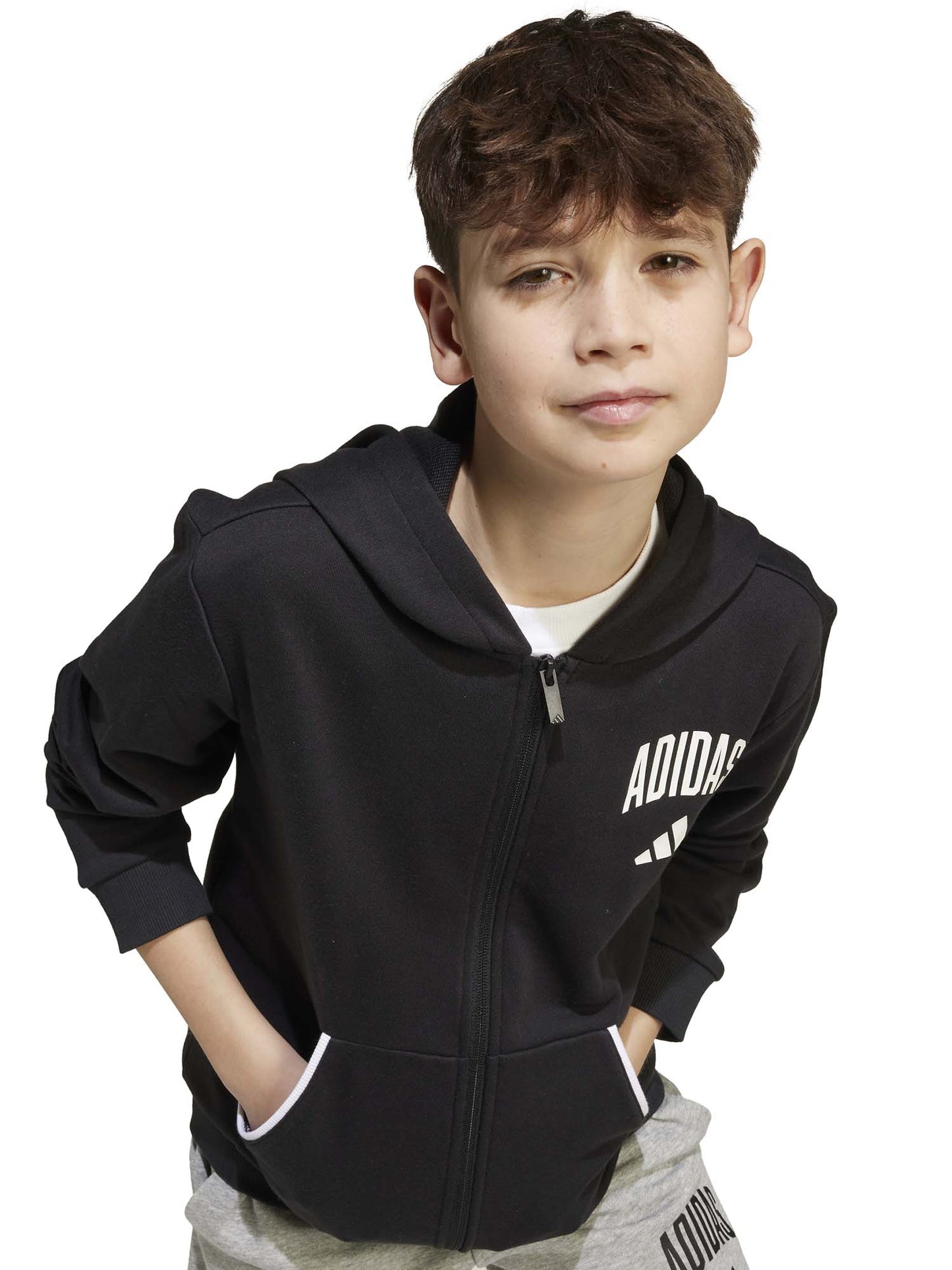 FELPA CON CAPPUCCIO E ZIP GRAFICA COLLEGIALE ADIDAS BAMBINI NERO