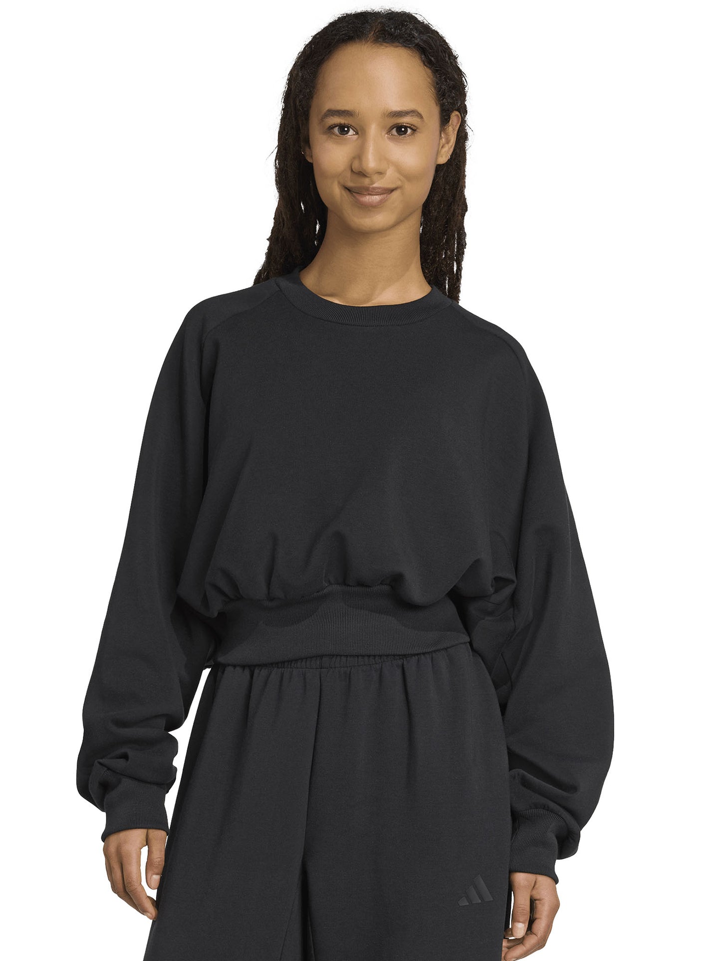 Felpa nera cropped Adidas Soft Lux da donna con scollo girocollo