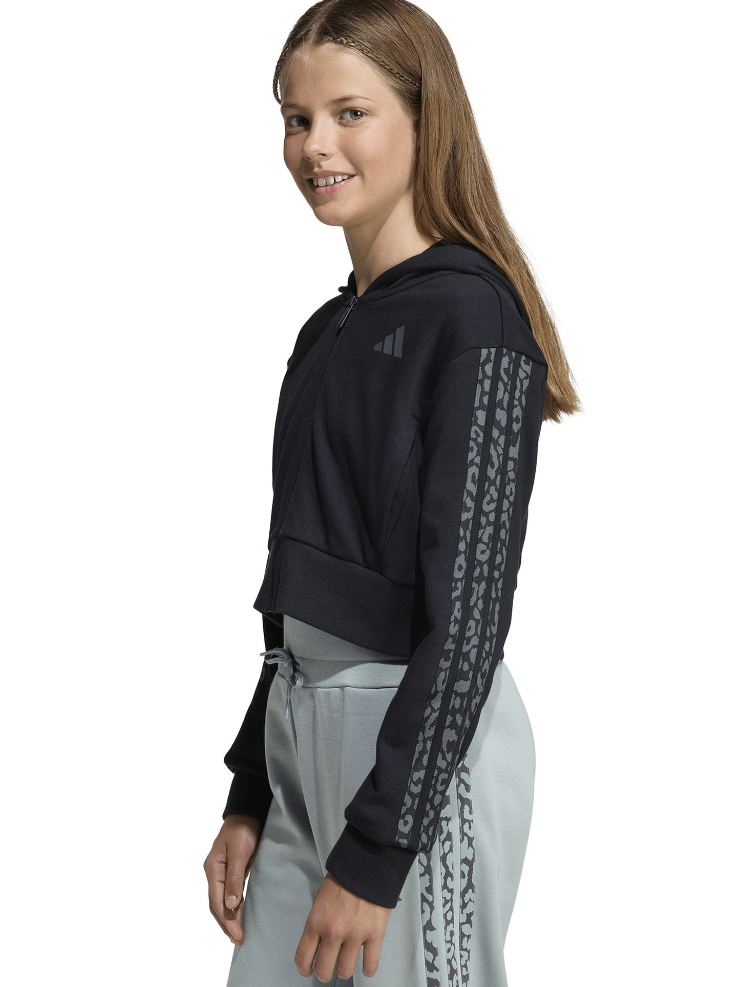 Felpa con cappuccio cropped Adidas 3-Stripes nera da bambina