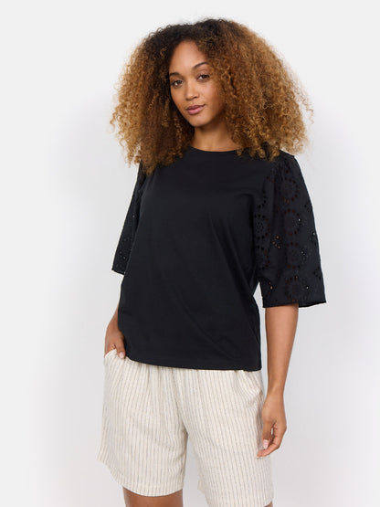 T-shirt nera da donna Soyaconcept in cotone con ricami raffinati