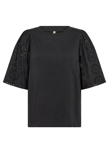 T-shirt nera da donna Soyaconcept in cotone con ricami raffinati