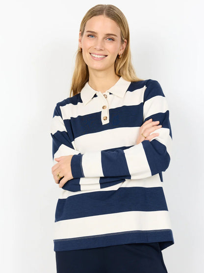 Polo a righe panna e blu a maniche lunghe da donna Soya Concept