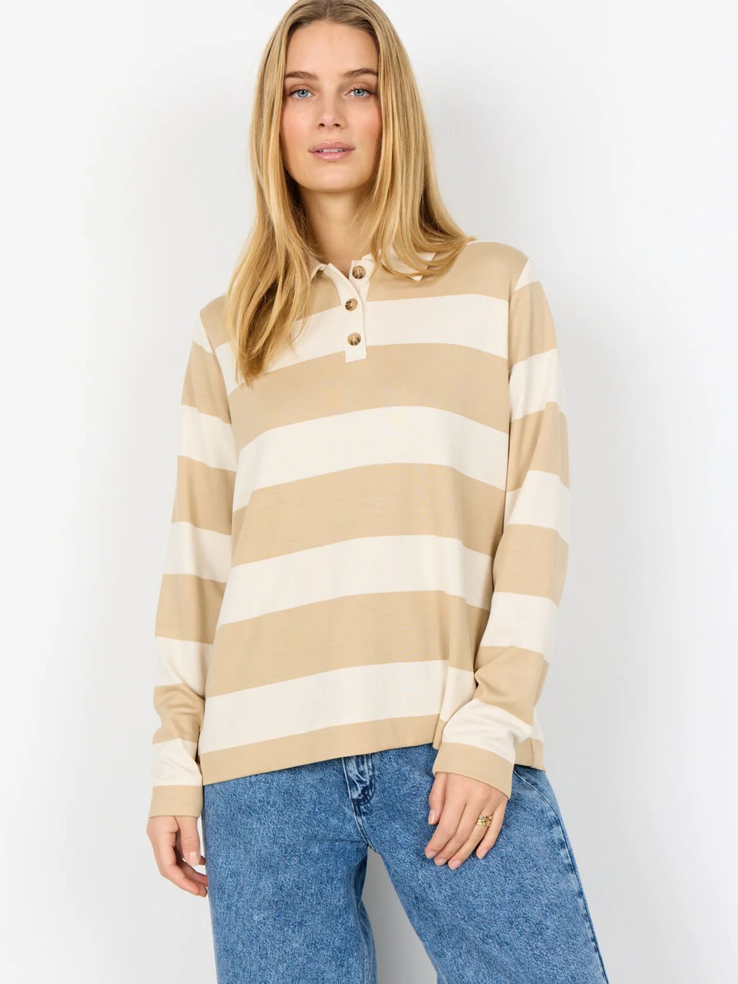 Polo donna a maniche lunghe a righe panna e beige Soyaconcept