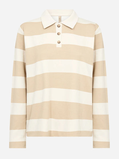 Polo donna a maniche lunghe a righe panna e beige Soyaconcept
