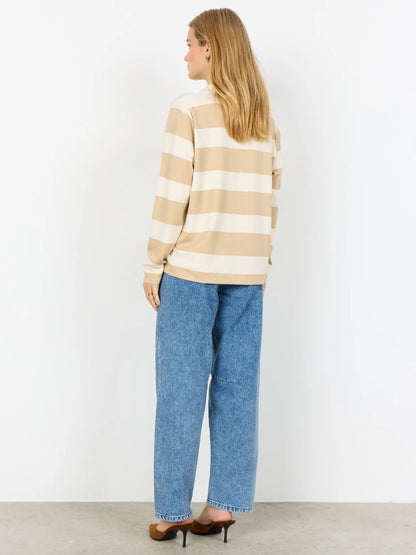 Polo donna a maniche lunghe a righe panna e beige Soyaconcept