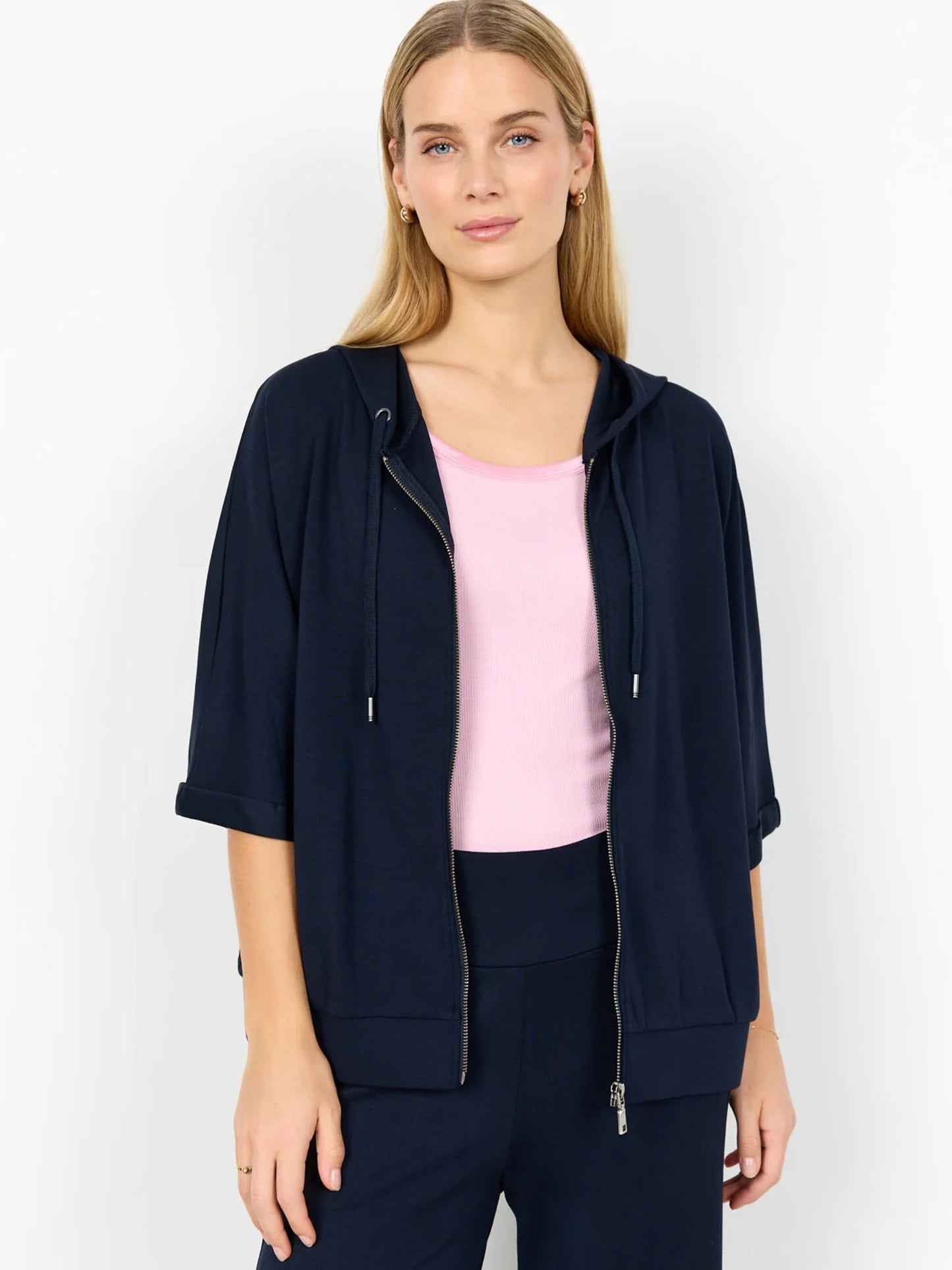 Felpa donna Soya Concept blu con cappuccio e zip