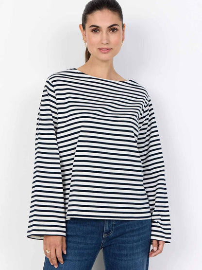 Maglia a maniche lunghe a righe blu con scollo a barca per donna