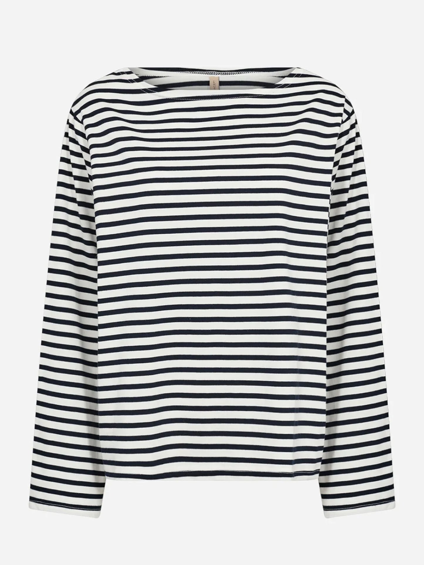 Maglia a maniche lunghe a righe blu con scollo a barca per donna
