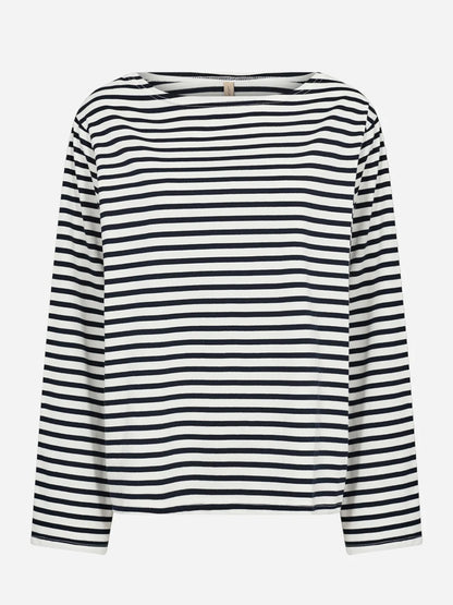 Maglia a maniche lunghe a righe blu con scollo a barca per donna