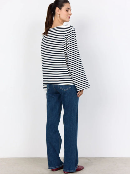Maglia a maniche lunghe a righe blu con scollo a barca per donna