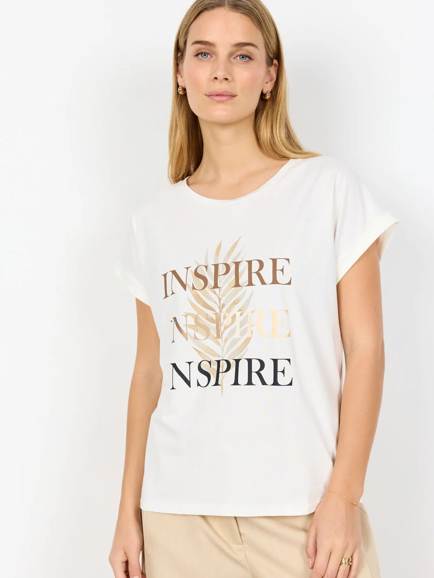 T-shirt donna Soya Concept beige con stampa e scollo rotondo