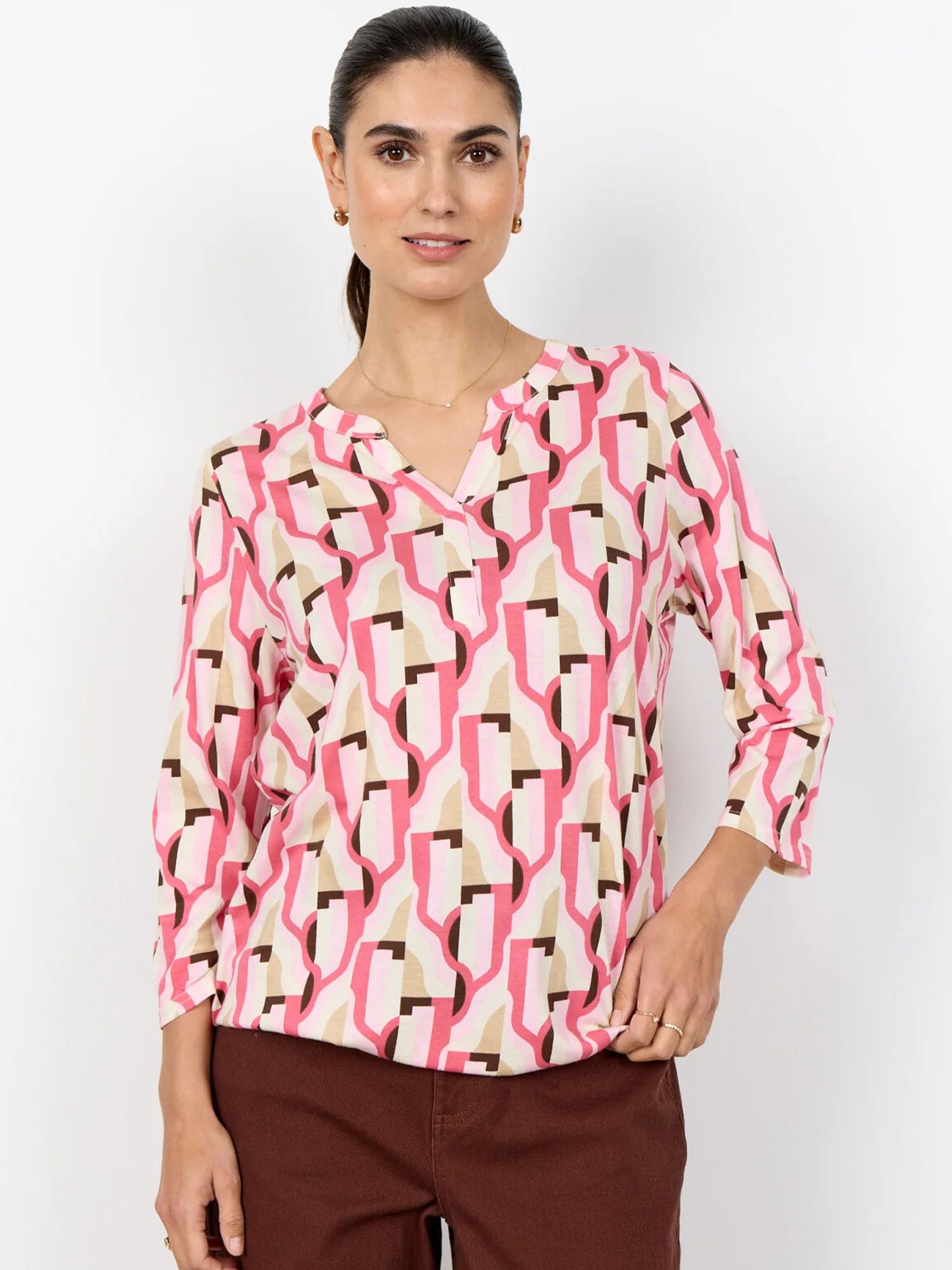 Blusa da donna SoyaConcept rosa con collo a V e motivo geometrico