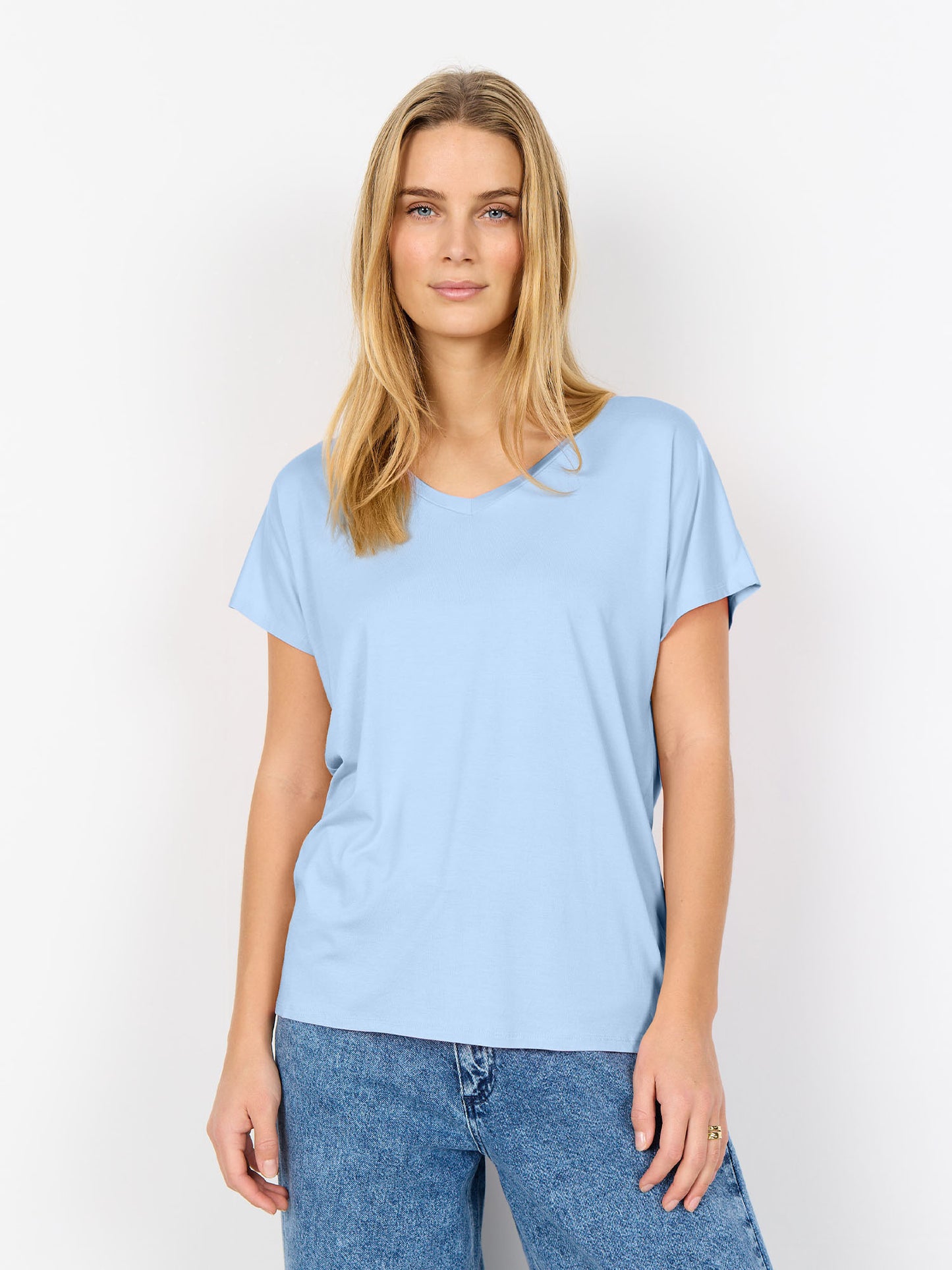 T-shirt da donna SoyaConcept azzurra con collo a V