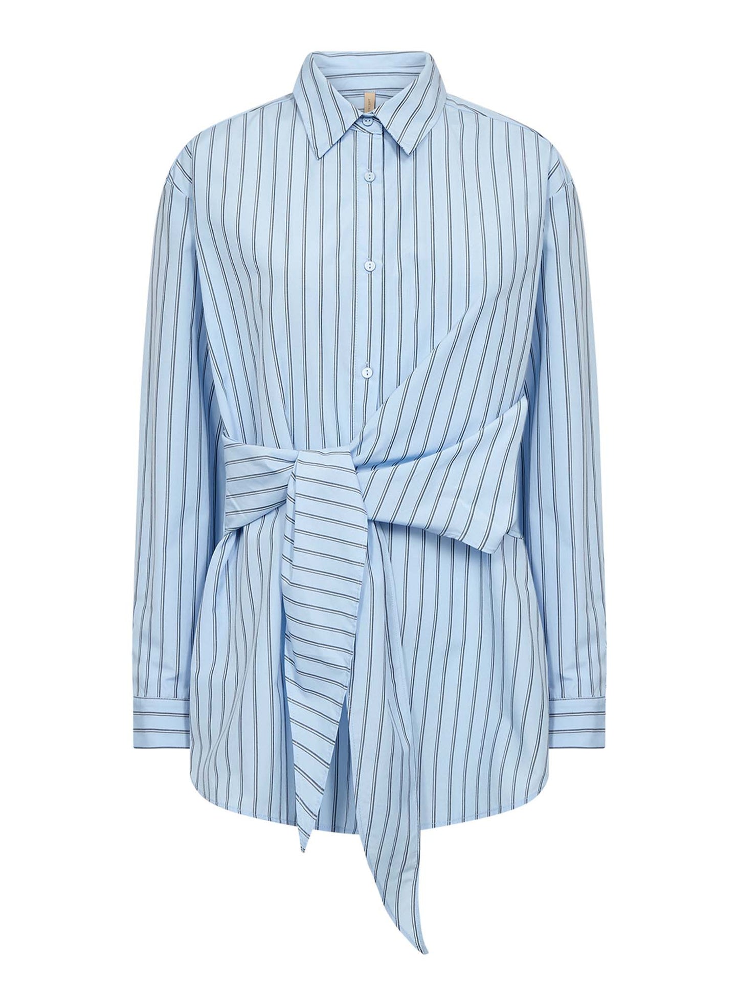 Camicia azzurra a righe con fiocco, elegante e casual da donna