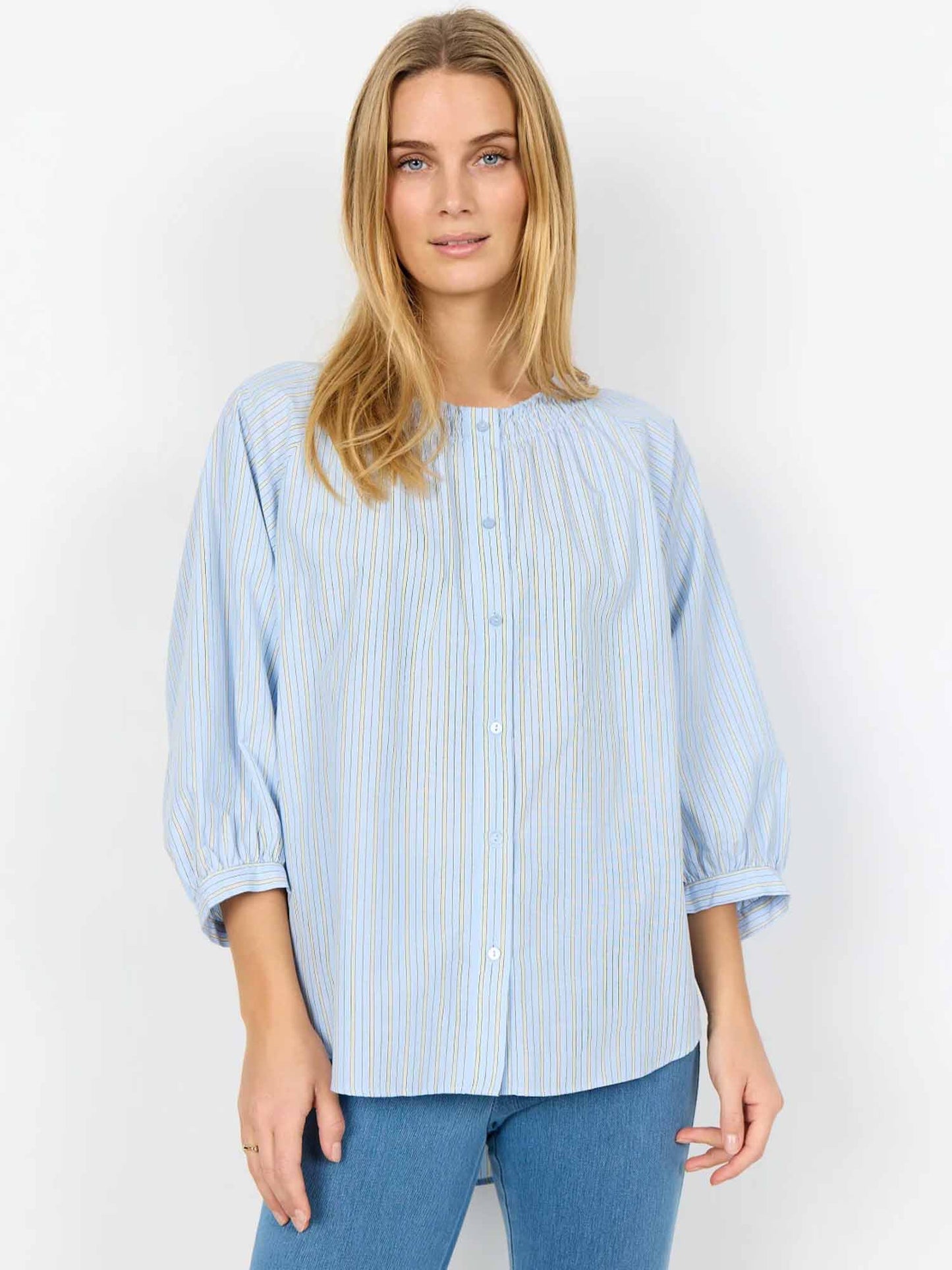 Camicia azzurra a righe con maniche a 3/4 da donna Soya Concept