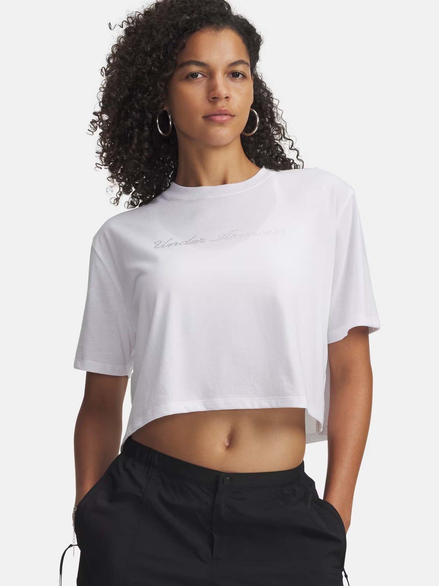 T-shirt crop con logo script Under Armour donna bianca