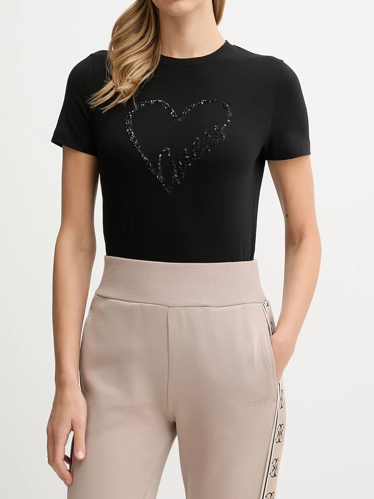 T-SHIRT LOVE STRASS GUESS DA DONNA NERO