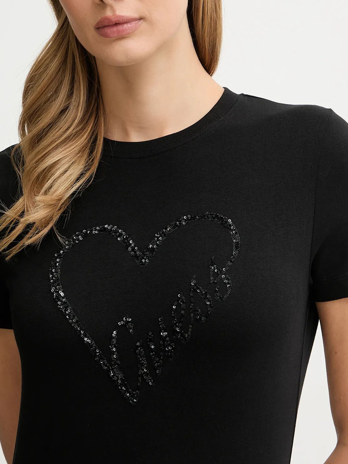 T-SHIRT LOVE STRASS GUESS DA DONNA NERO