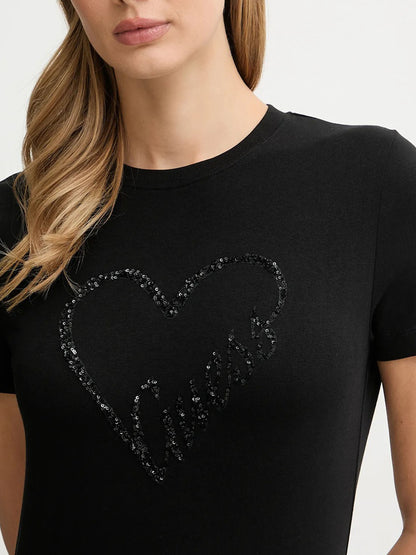 T-SHIRT LOVE STRASS GUESS DA DONNA NERO