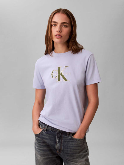 T-shirt lilla Calvin Klein Jeans con logo ricamato da donna