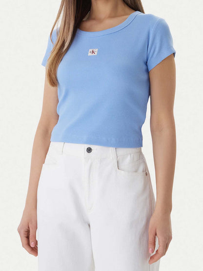 T-shirt cropped azzurra Calvin Klein Jeans da donna in cotone