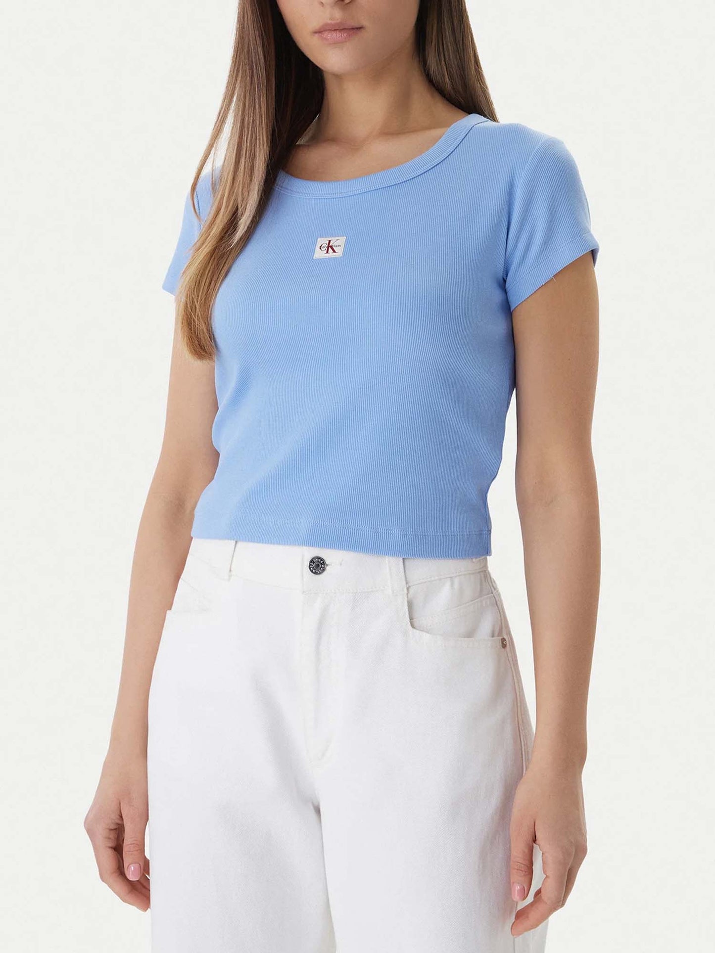 T-shirt azzurra Calvin Klein Jeans crop a costine da donna