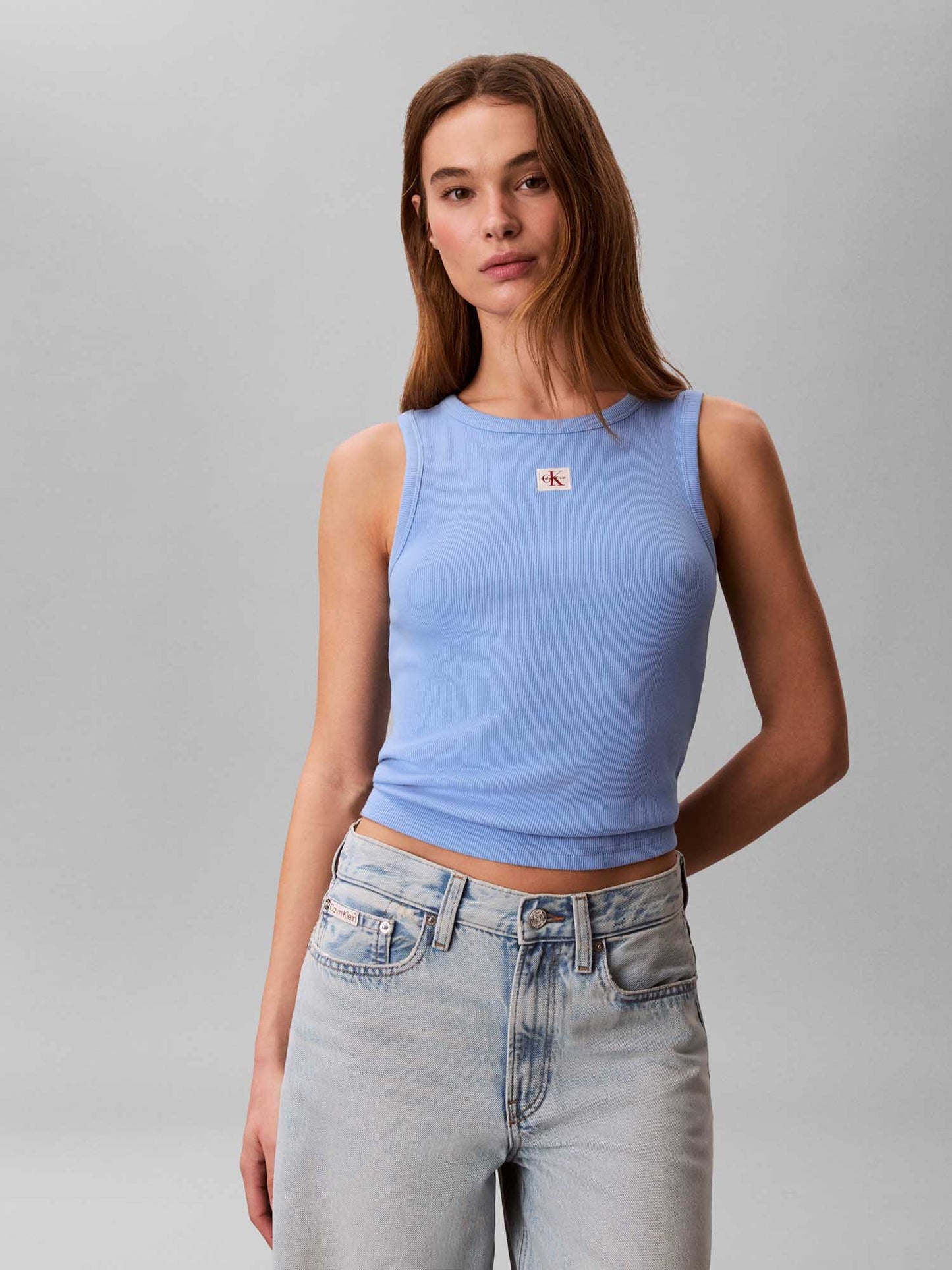 Canotta azzurra donna Calvin Klein Jeans con etichetta in tessuto