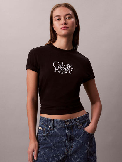 T-SHIRT CROP FITTED SCRIPT CALVIN KLEIN JEANS DA DONNA NERO