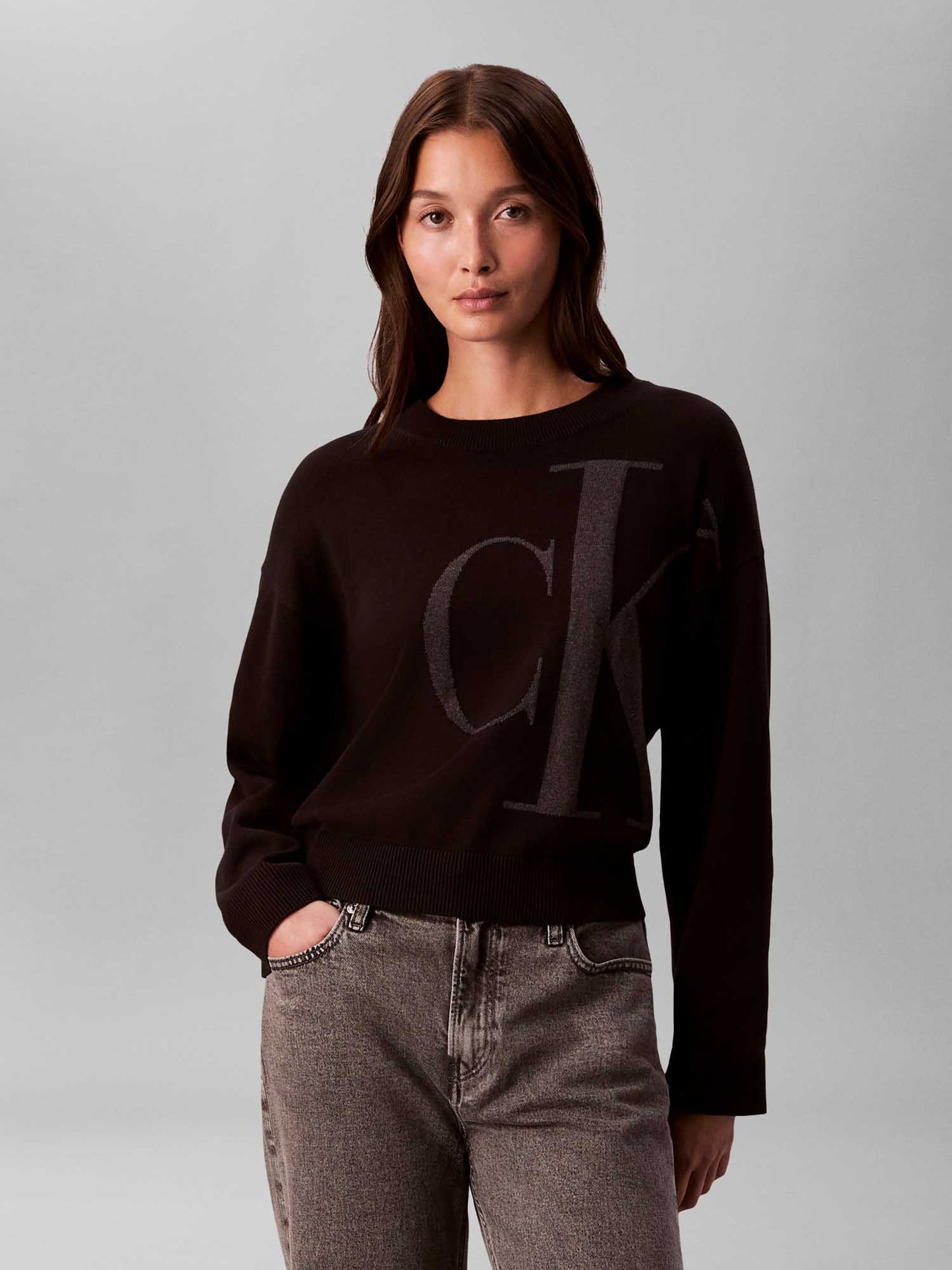Maglia nera Calvin Klein Jeans con monogramma jacquard da donna