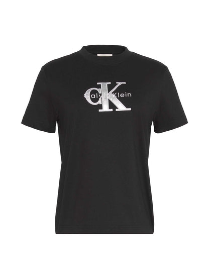 T-shirt nera da donna Calvin Klein Jeans con logo metallico