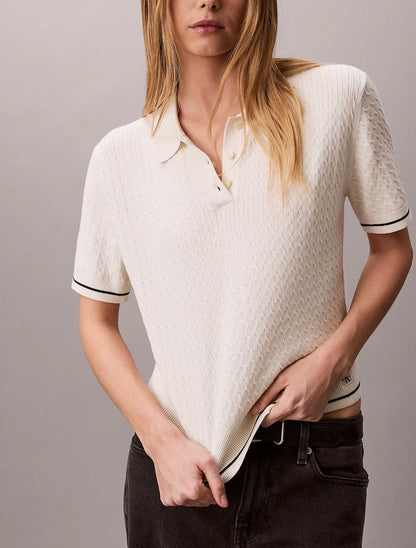 Polo cropped panna Calvin Klein Jeans in cotone intrecciato da donna