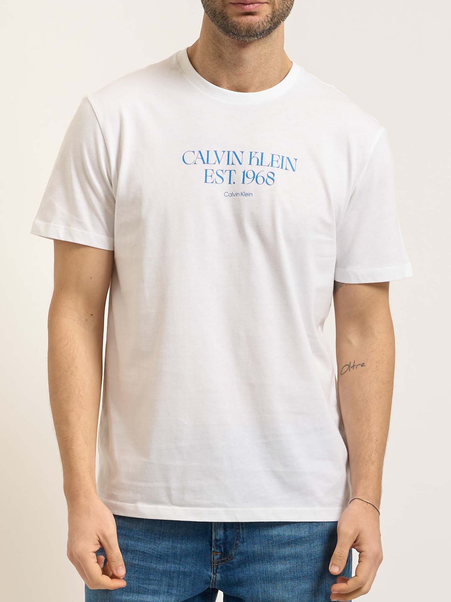T-shirt bianca Calvin Klein in cotone da uomo con girocollo
