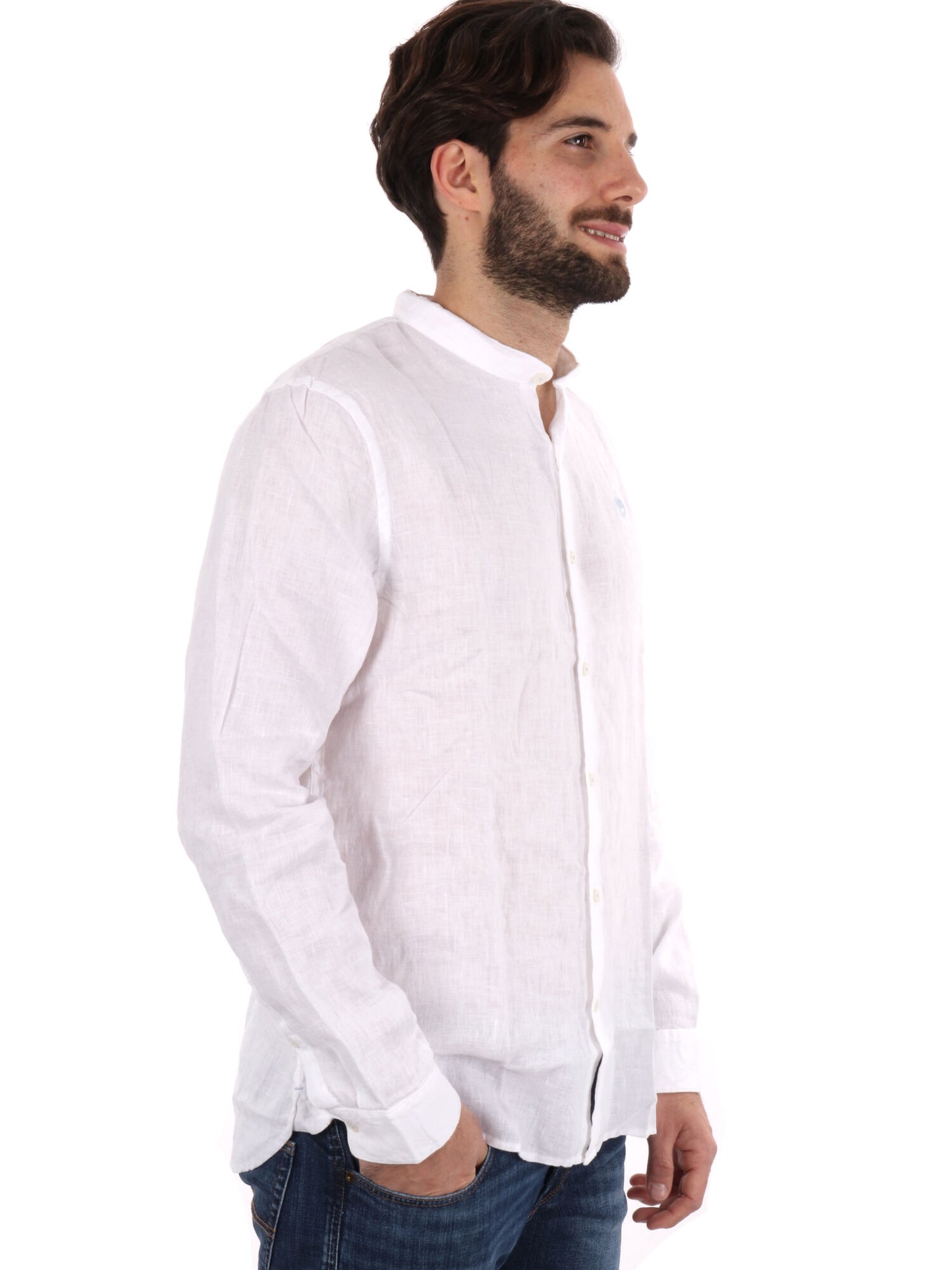 Camicia da uomo Timberland in lino bianca con colletto alla coreana