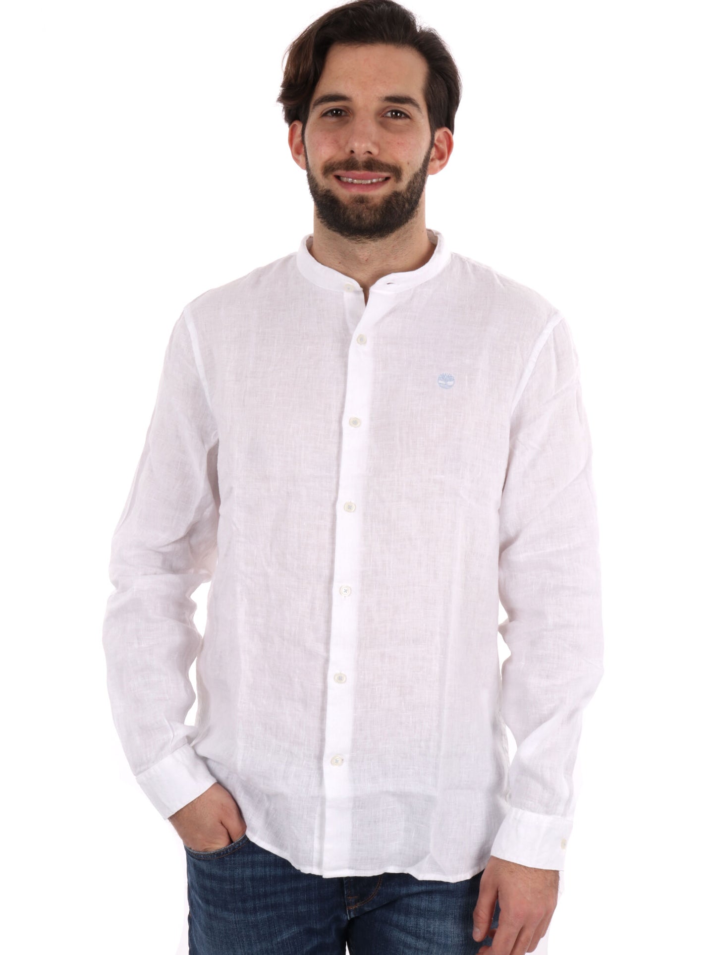 Camicia da uomo Timberland in lino bianca con colletto alla coreana