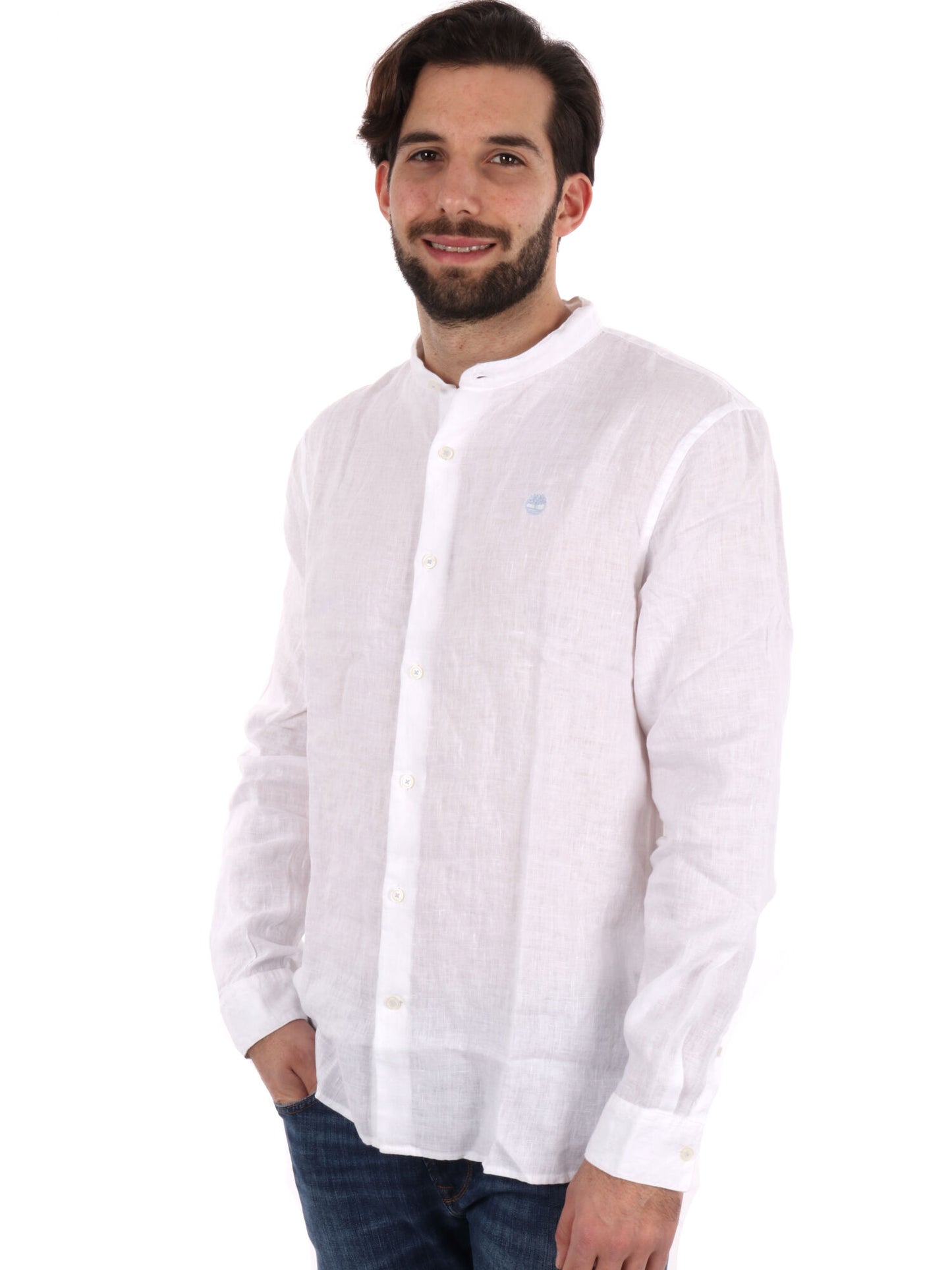 Camicia da uomo Timberland in lino bianca con colletto alla coreana