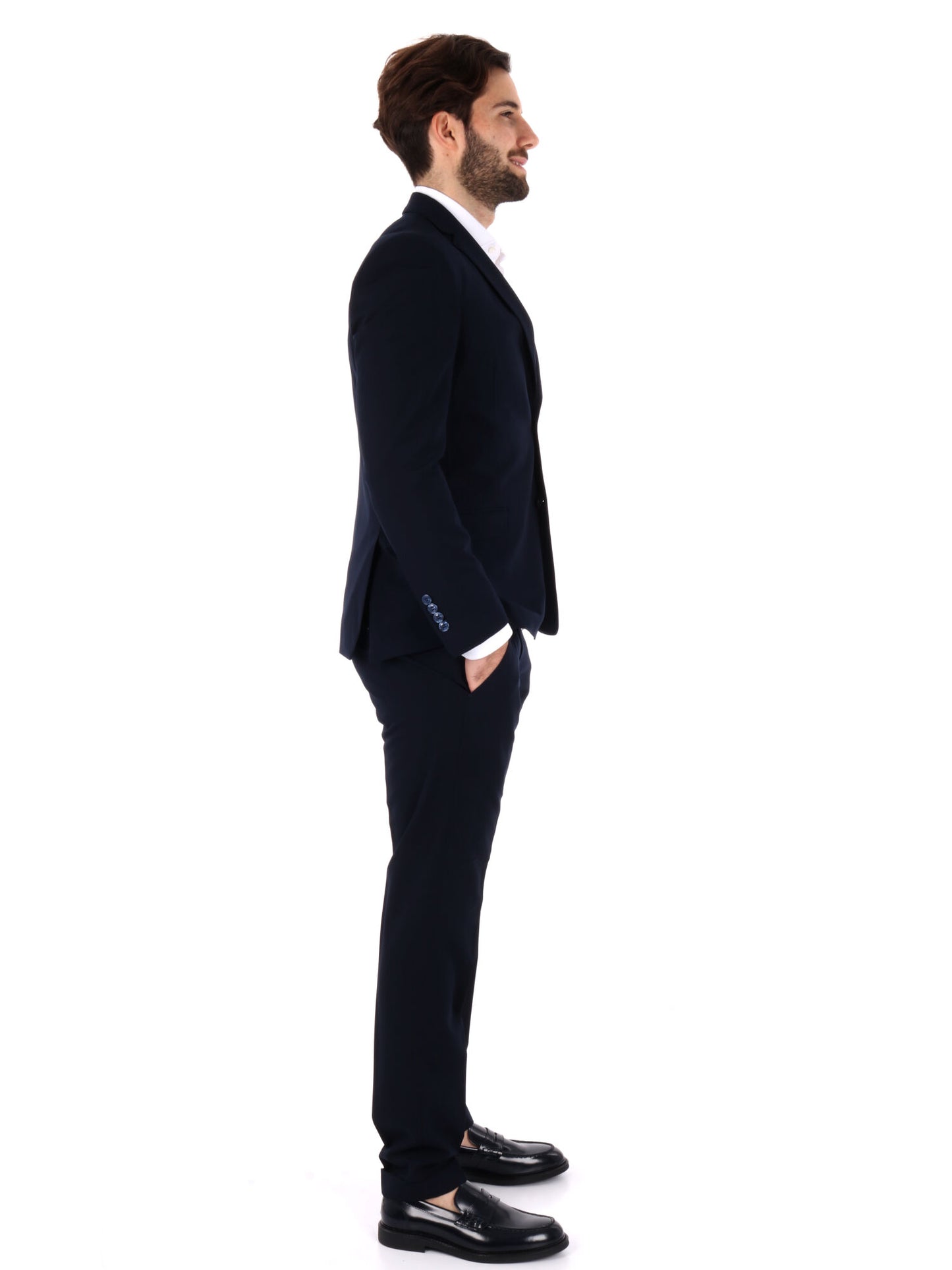 Abito monopetto FB da uomo blu con vestibilità slim e rever classico