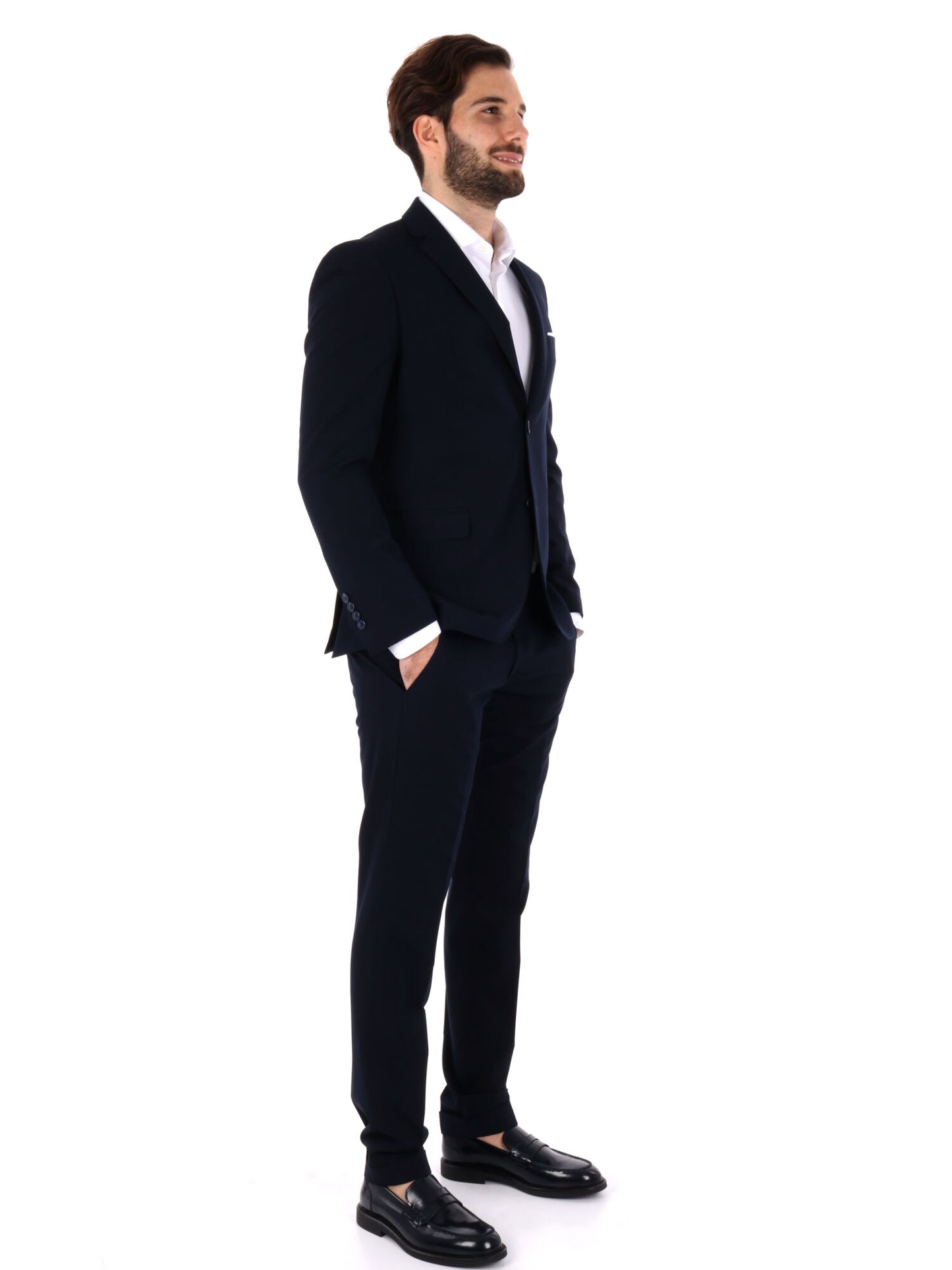 Abito monopetto FB da uomo blu con vestibilità slim e rever classico