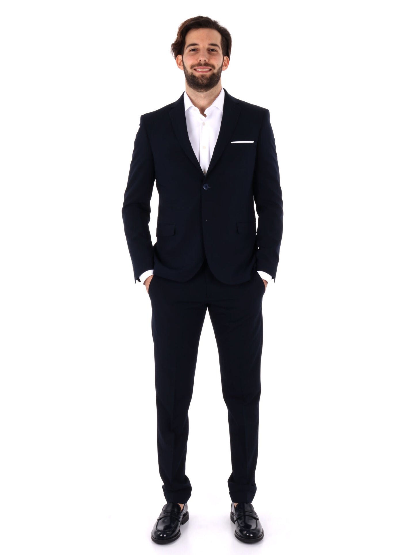 Abito monopetto FB da uomo blu con vestibilità slim e rever classico